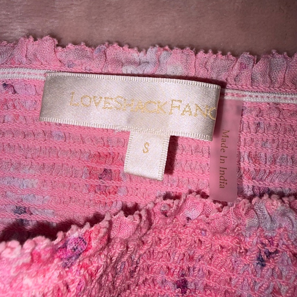 LoveShackFancy Pink Floral Ruffle Mini Skirt Smocked Waist Tiered Boho Womens S - Picture 2 of 4